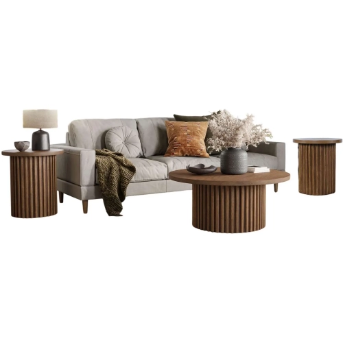 Auden 3 Piece Fluted Coffee & End Table Set in Chestnut Brown Wood
